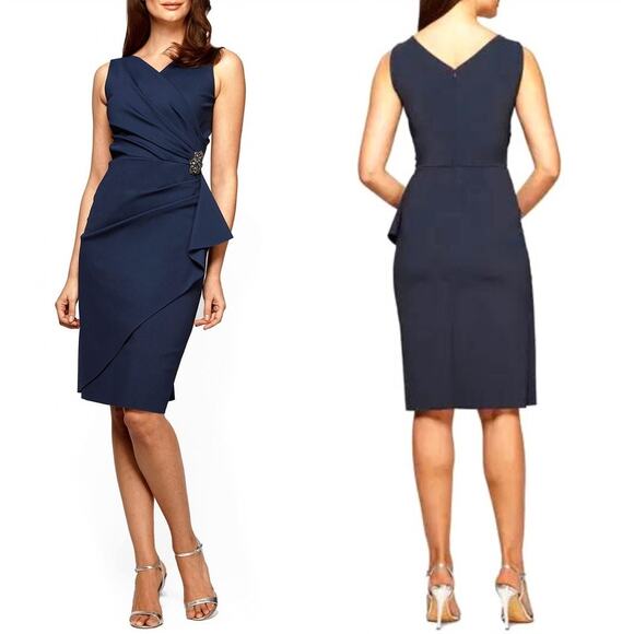 NWT Alex Evenings Compression Embellished Ruched Sheath Dress navy size 10 - Picture 1 of 14